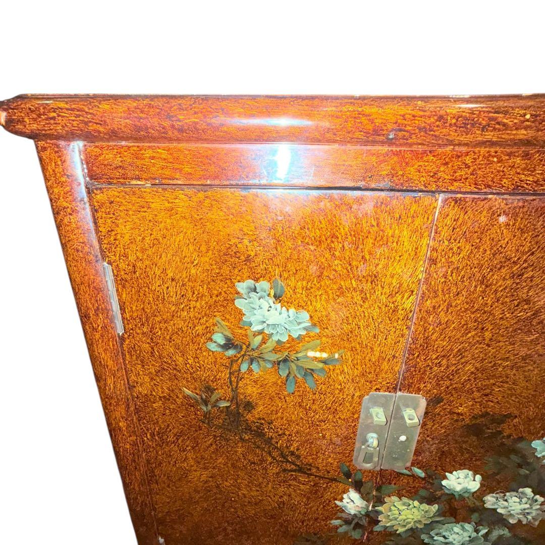 漆塗り調 花鳥図 和家具 収納棚 飾り棚 古家具 和モダン