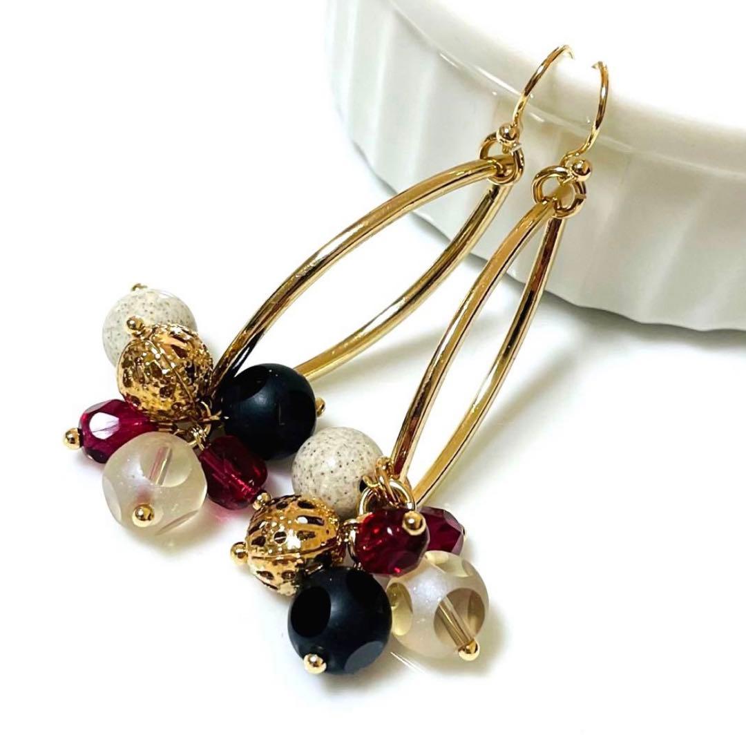 高品質AAA 北投石 と ホースアイ リング の ピアス マットゴールド