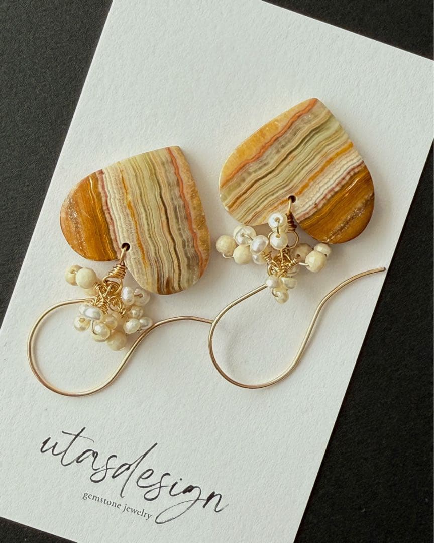 14kgf 天然石　ナチュラルレースアゲート　リバーストーン　淡水パール　ピアス