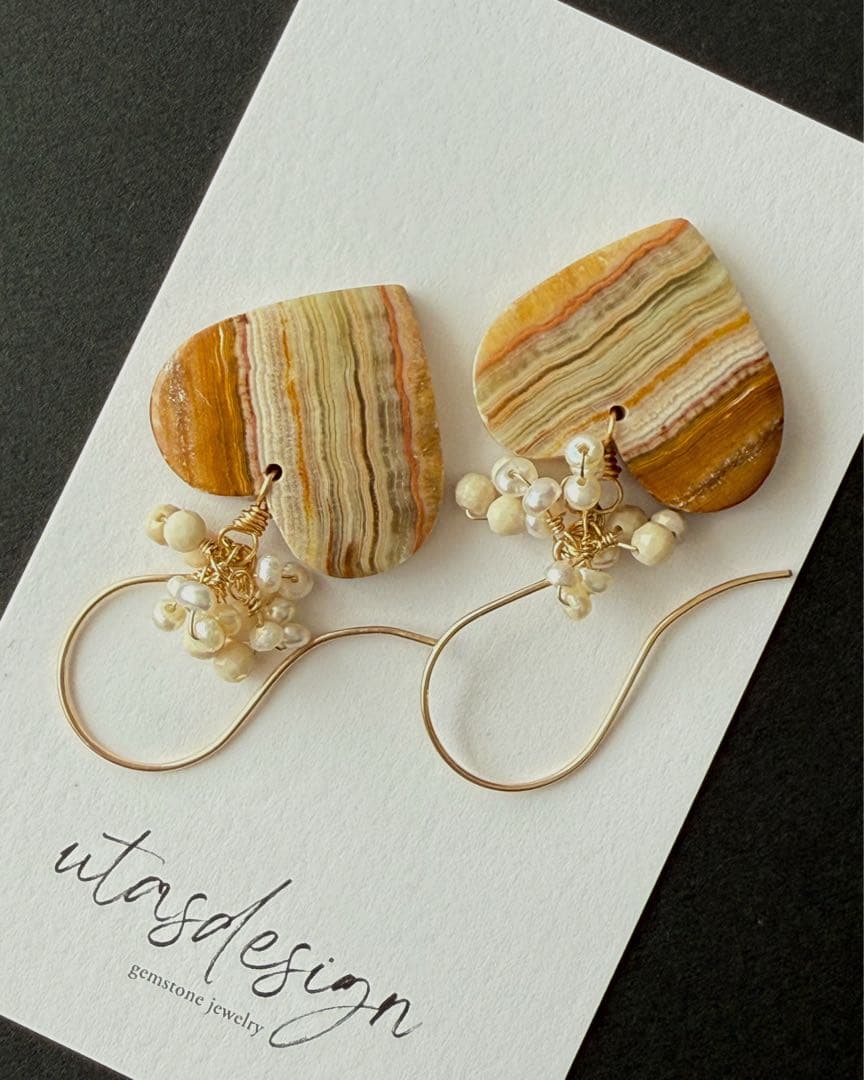 14kgf 天然石　ナチュラルレースアゲート　リバーストーン　淡水パール　ピアス