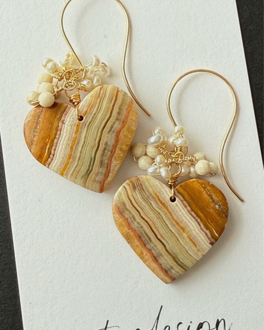 14kgf 天然石　ナチュラルレースアゲート　リバーストーン　淡水パール　ピアス