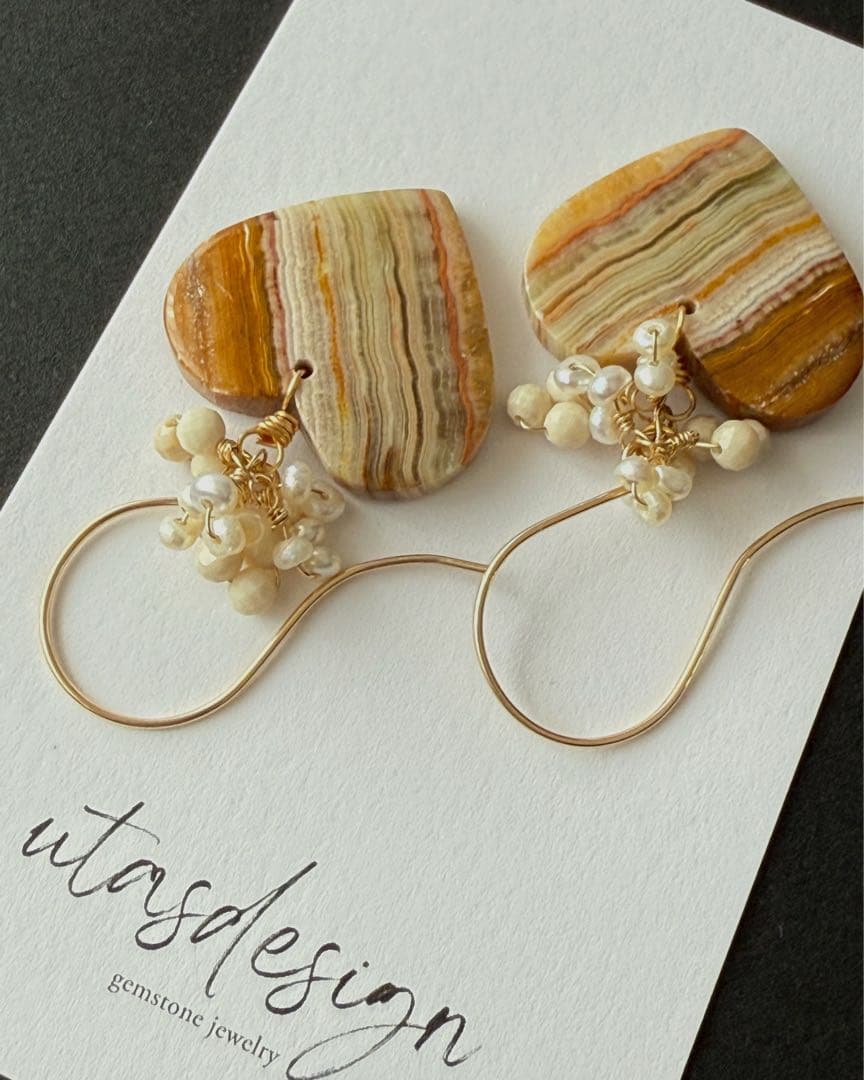 14kgf 天然石　ナチュラルレースアゲート　リバーストーン　淡水パール　ピアス