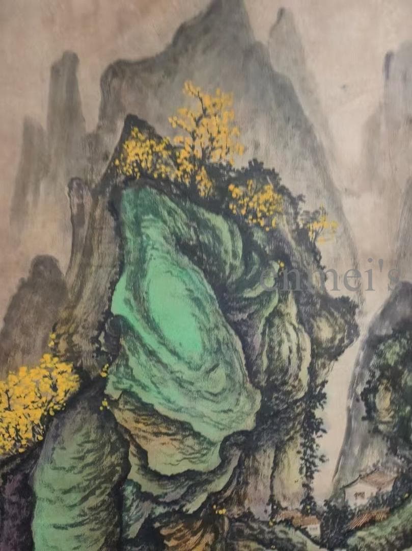 中国古美術 明代 仇英作款 山水風景 宣紙 水墨画 六尺中堂画 掛け軸