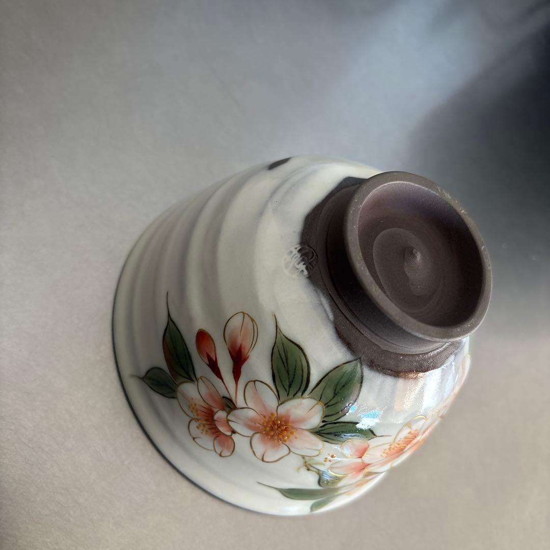《ほぼ新品》美品【陶葊】京焼　白掛彩草花　色絵付け　陶あん　桜　茶碗