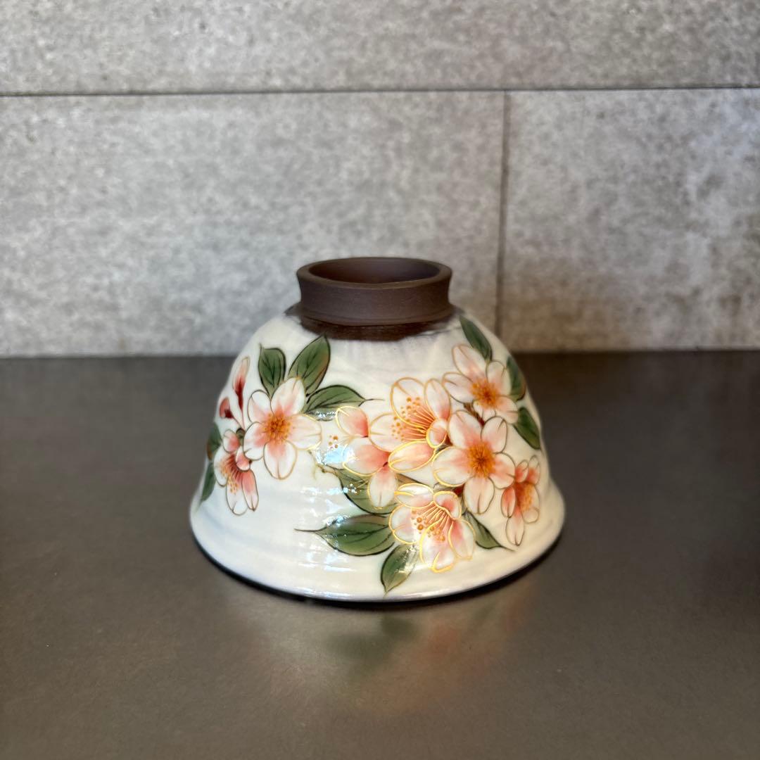 《ほぼ新品》美品【陶葊】京焼　白掛彩草花　色絵付け　陶あん　桜　茶碗