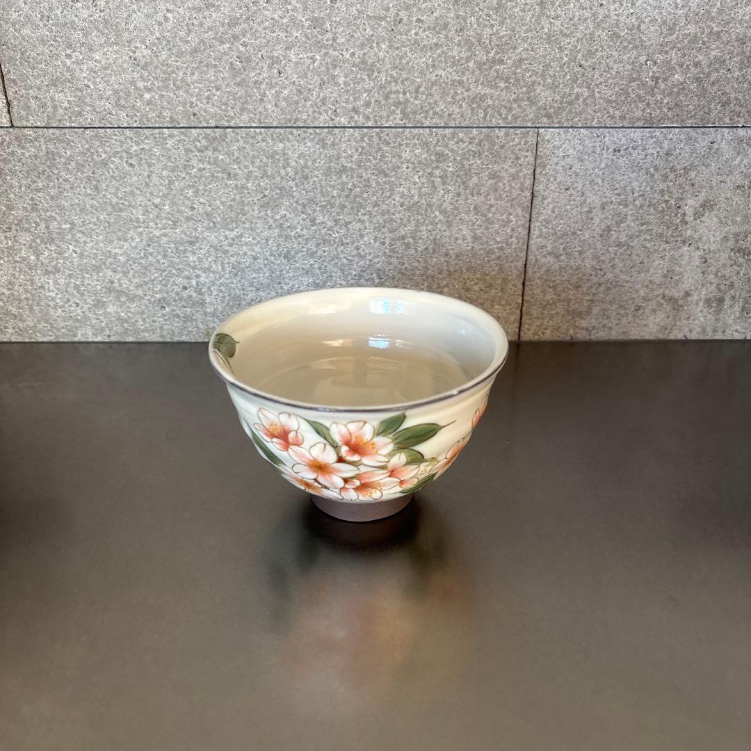 《ほぼ新品》美品【陶葊】京焼　白掛彩草花　色絵付け　陶あん　桜　茶碗