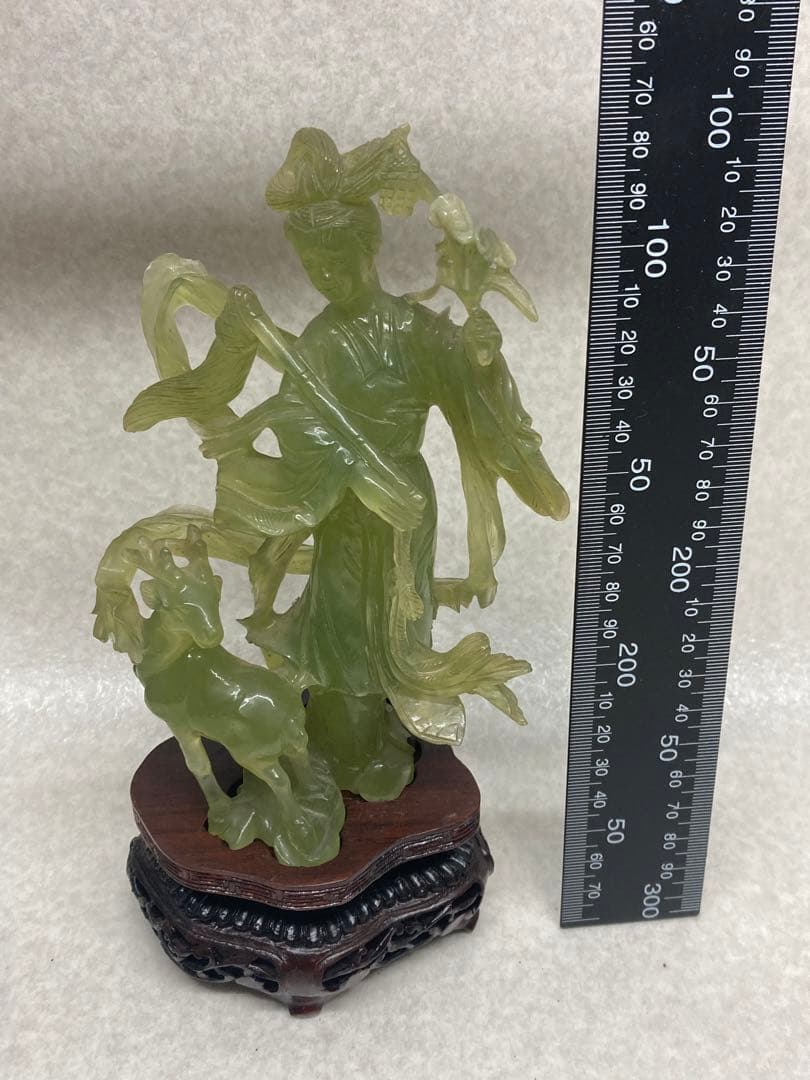 中国古美術 岫玉雕 仙女像 鹿 翡翠 彫刻 置物