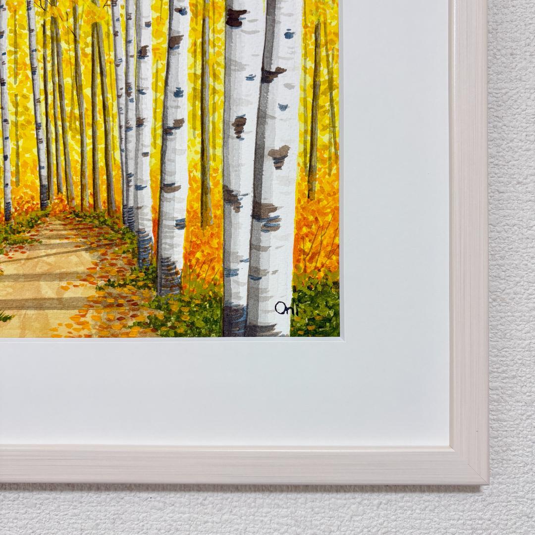 透明水彩画　原画　「白樺の小径01」額縁付き　F4サイズ　風景画