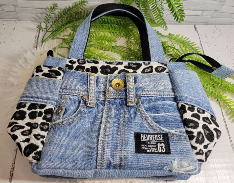 らん　[デニムリメイク]　サイドポケット付きトートバッグ(小)　№254