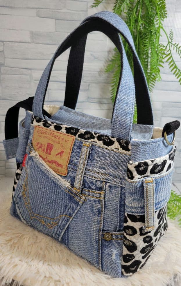 らん　[デニムリメイク]　サイドポケット付きトートバッグ(小)　№254