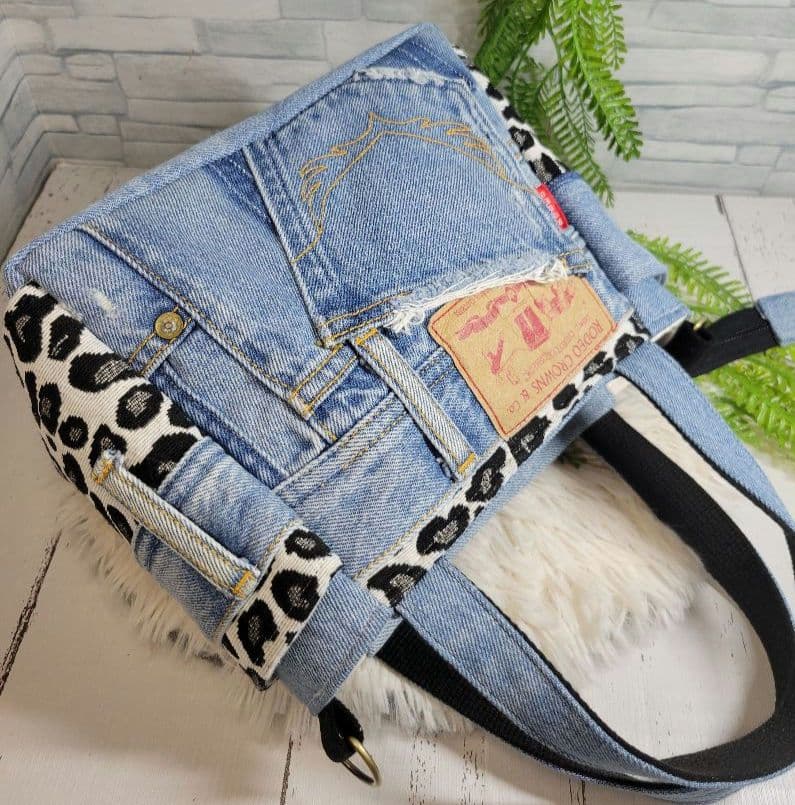 らん　[デニムリメイク]　サイドポケット付きトートバッグ(小)　№254