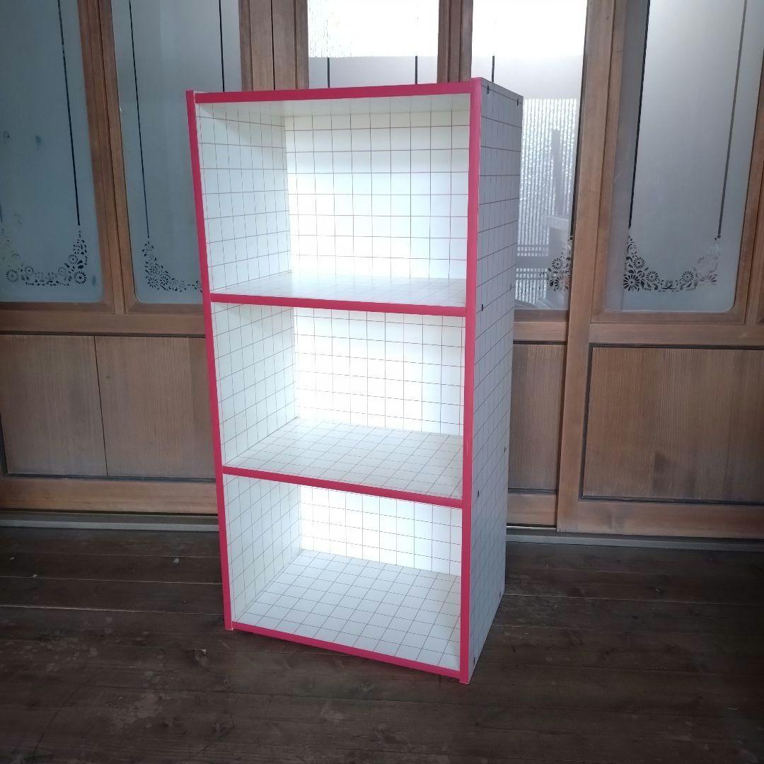 昭和レトロなカラーボックス 3段ラック 赤 チェック 3段収納棚 レトロ