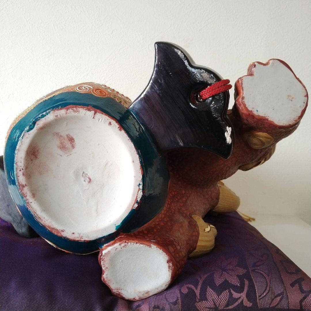 九谷焼 唐獅子 金彩 赤獅子 高さ29.5㎝ 玉乗り獅子 1個 座布団付 魔