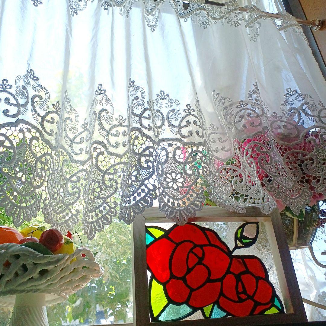 カフェカーテン【ほたる様オーダー品　トルコ刺繍マクラメレース　トリムデザイン】