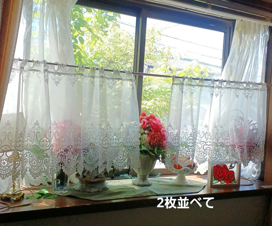 カフェカーテン【ほたる様オーダー品　トルコ刺繍マクラメレース　トリムデザイン】
