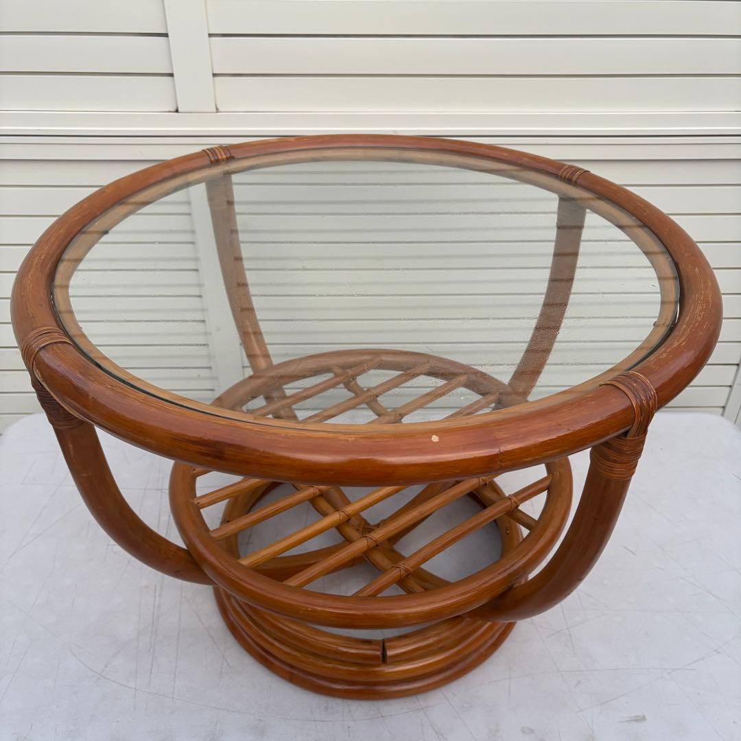 昭和レトロ センターテーブル66ｃｍ ラタン ガラス テーブル 籐
