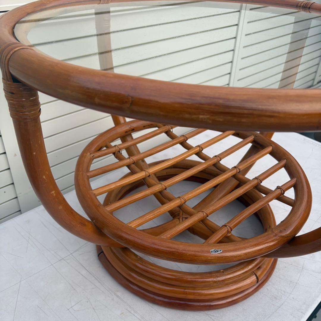 昭和レトロ センターテーブル66ｃｍ ラタン ガラス テーブル 籐