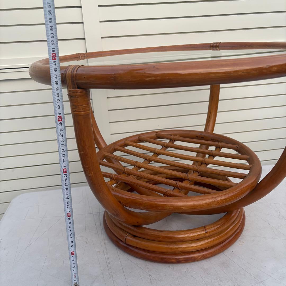 昭和レトロ センターテーブル66ｃｍ ラタン ガラス テーブル 籐