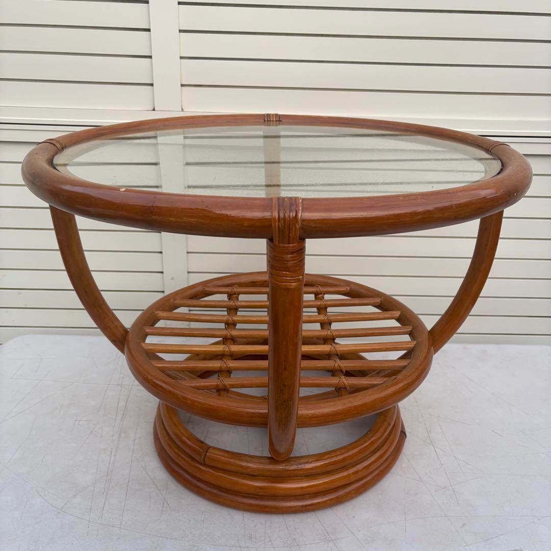 昭和レトロ センターテーブル66ｃｍ ラタン ガラス テーブル 籐