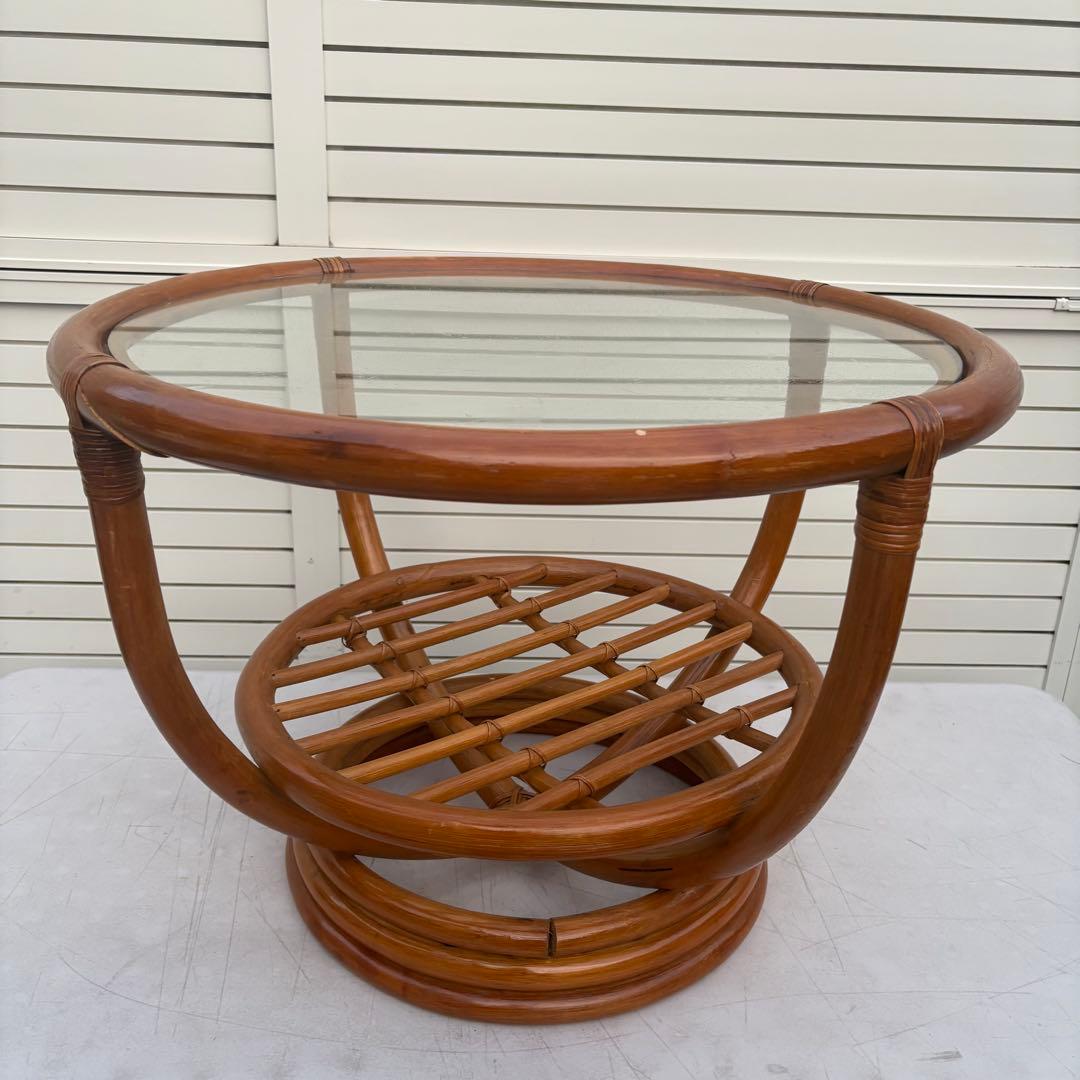 昭和レトロ センターテーブル66ｃｍ ラタン ガラス テーブル 籐