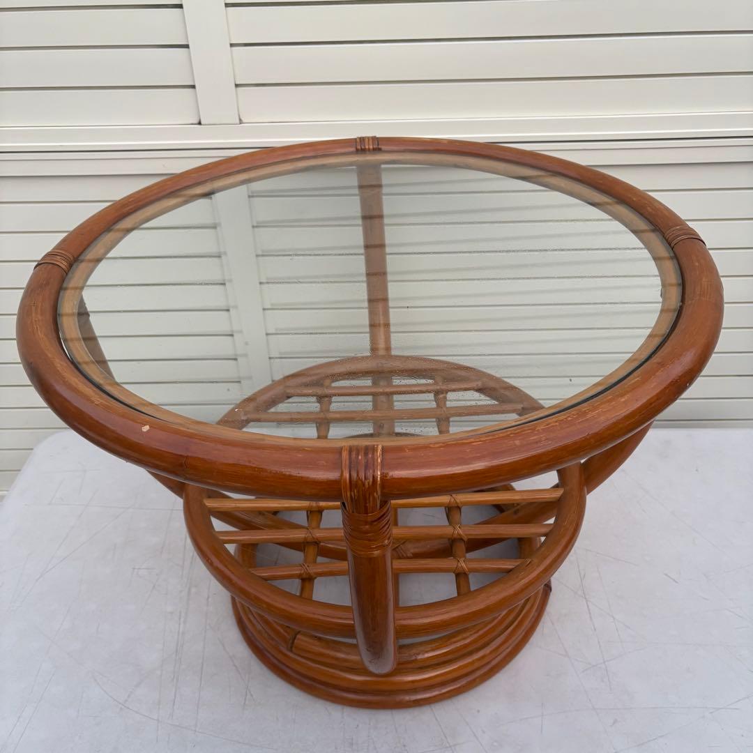 昭和レトロ センターテーブル66ｃｍ ラタン ガラス テーブル 籐