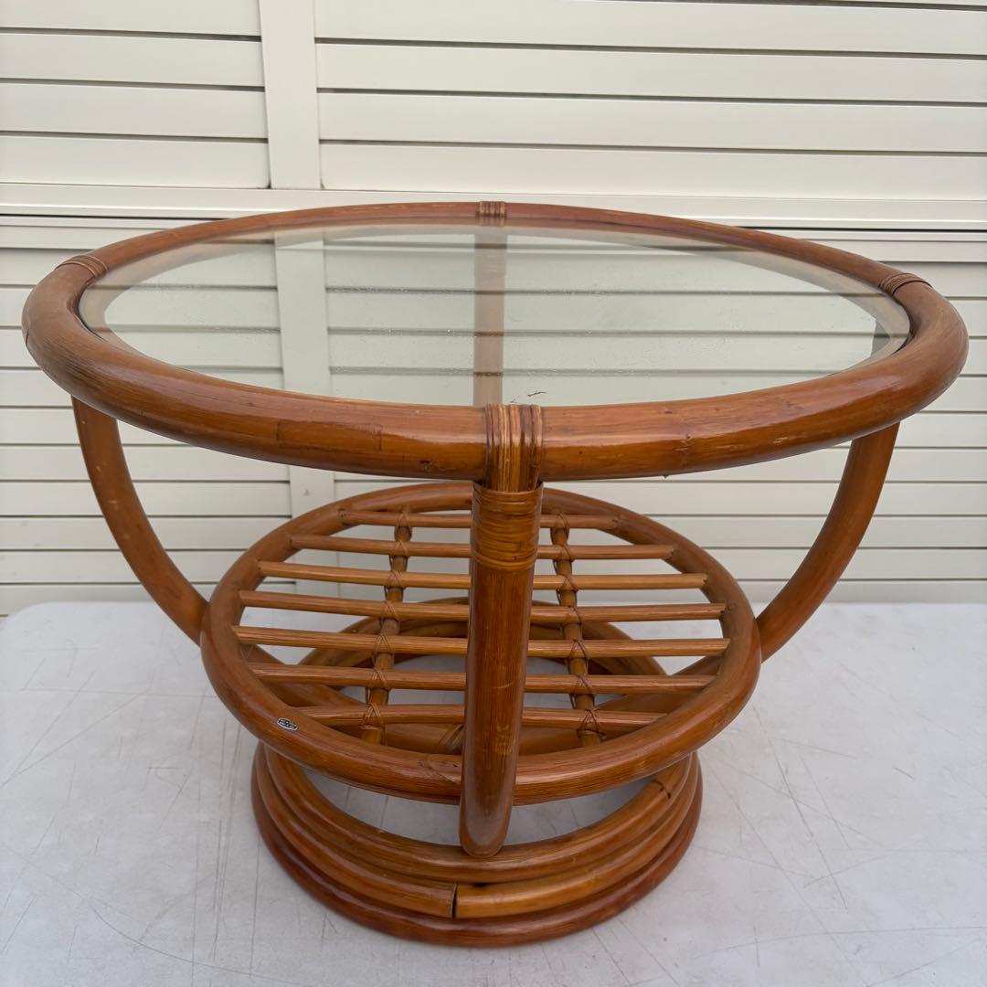 昭和レトロ センターテーブル66ｃｍ ラタン ガラス テーブル 籐
