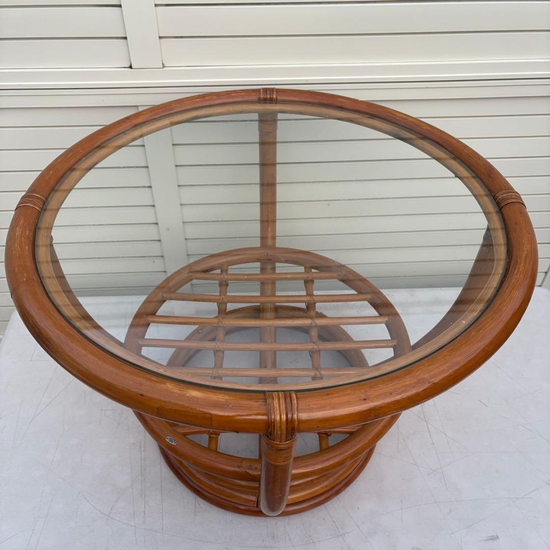 昭和レトロ センターテーブル66ｃｍ ラタン ガラス テーブル 籐