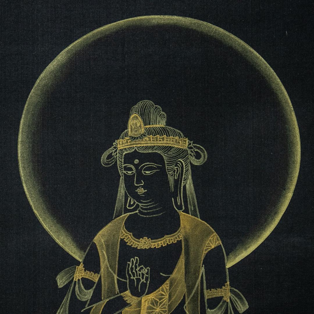 掛軸-1698　永田華堂　聖観音　紺紙金泥　共箱　仏教絵画