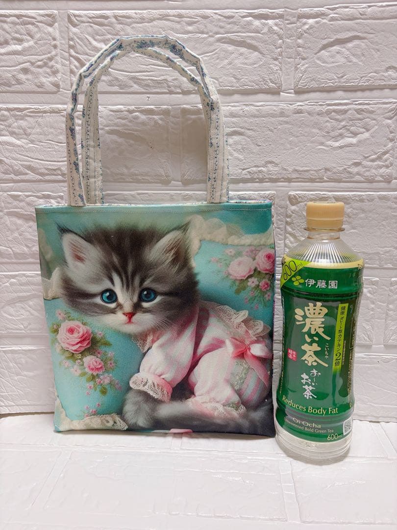 ミニトートバッグ お散歩バッグ ハンドメイド 姫パジャマ猫ちゃん 両面