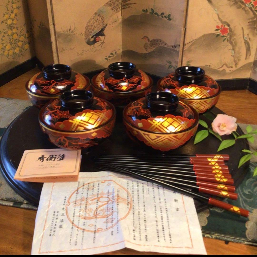 A1062 木製漆器 懐石道具 秀衡塗 椀 （丸三漆器）5客箸 5膳 揃え