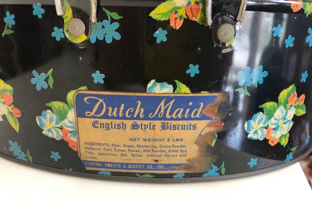 アンティーク　ブリキ缶　ブラック　花柄　ラベルあり