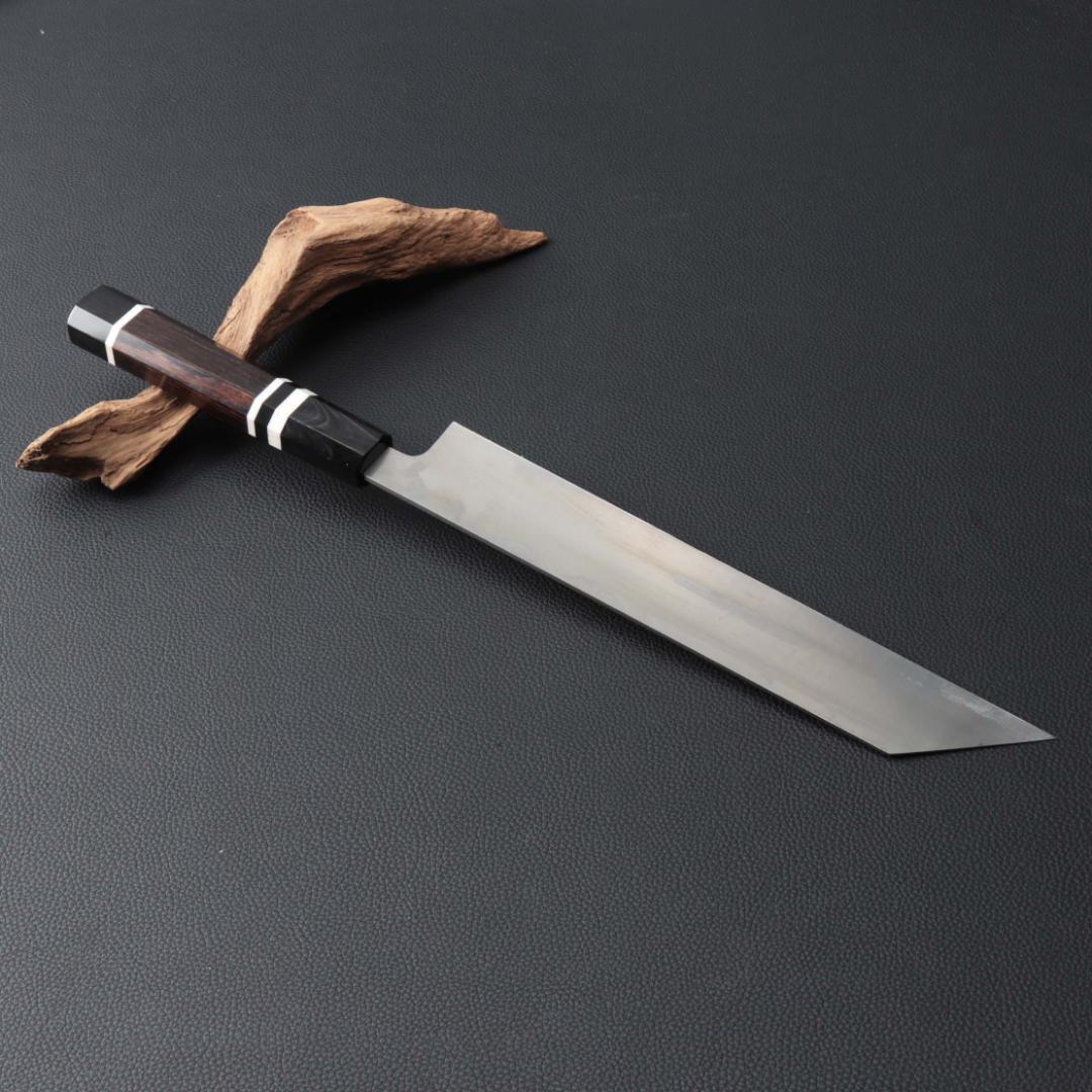 10270 極薄ムキモノ包丁 8寸 刺身包丁 和包丁 黒檀黒水牛白三本巻八角柄