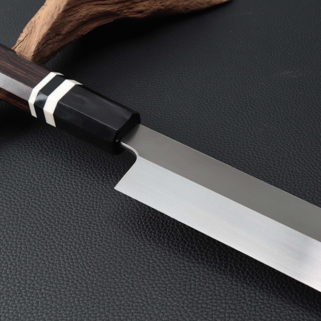 10270 極薄ムキモノ包丁 8寸 刺身包丁 和包丁 黒檀黒水牛白三本巻八角柄