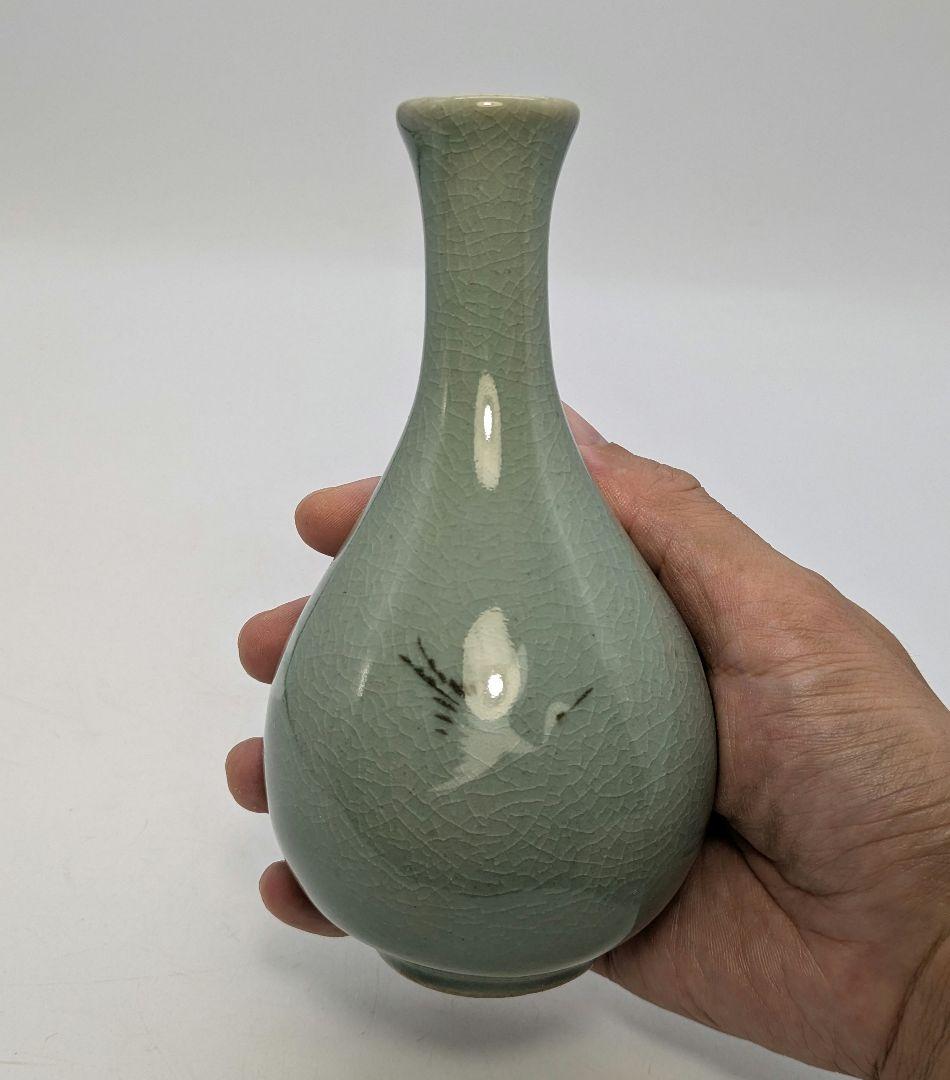 青岩窯 金二周 高麗青磁雲鶴徳利花入 共箱 韓国 花器 一輪挿し 花瓶
