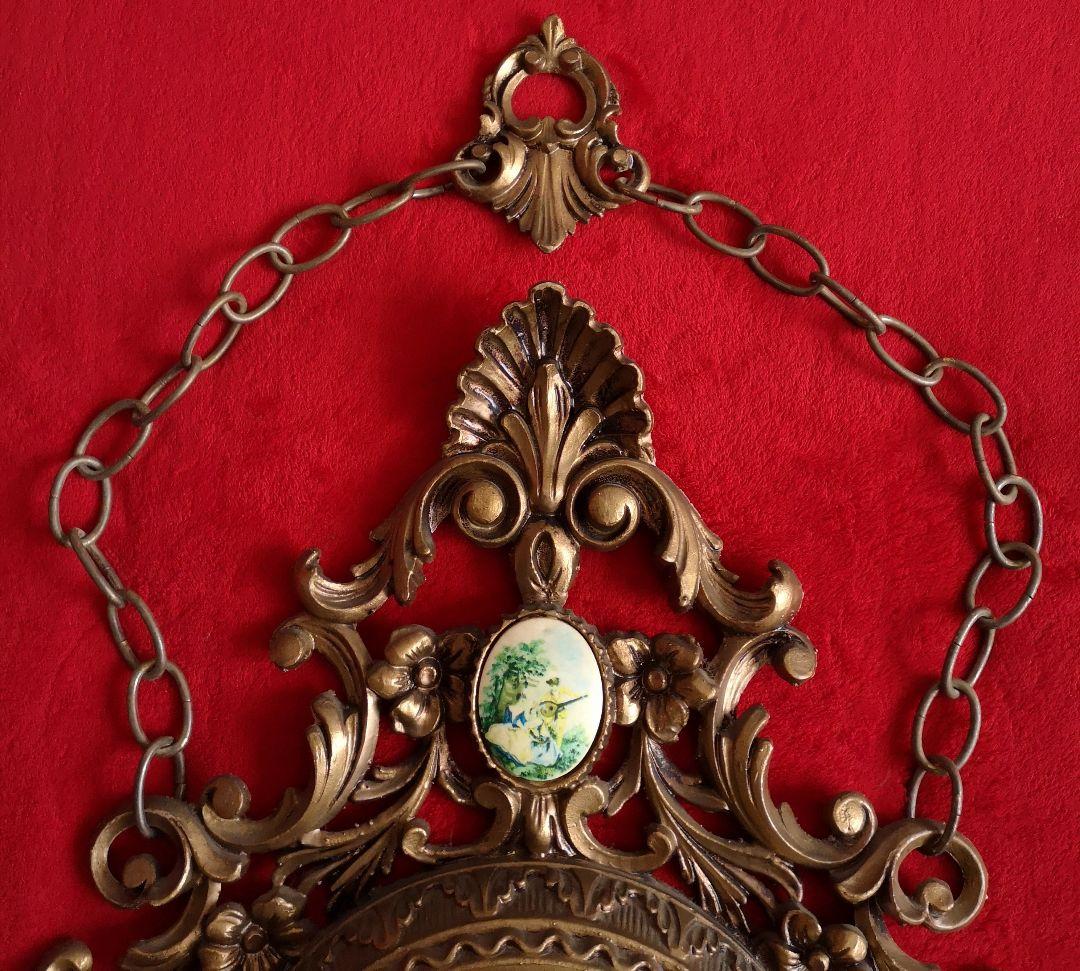 イタリア ビンテージ 掛け時計 木彫り アールデコ ゴールドカラー 稼働品