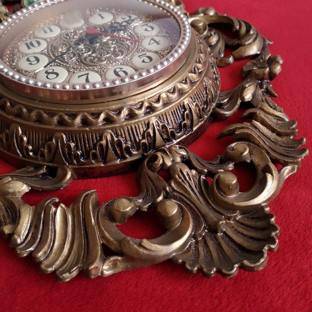 イタリア ビンテージ 掛け時計 木彫り アールデコ ゴールドカラー 稼働品