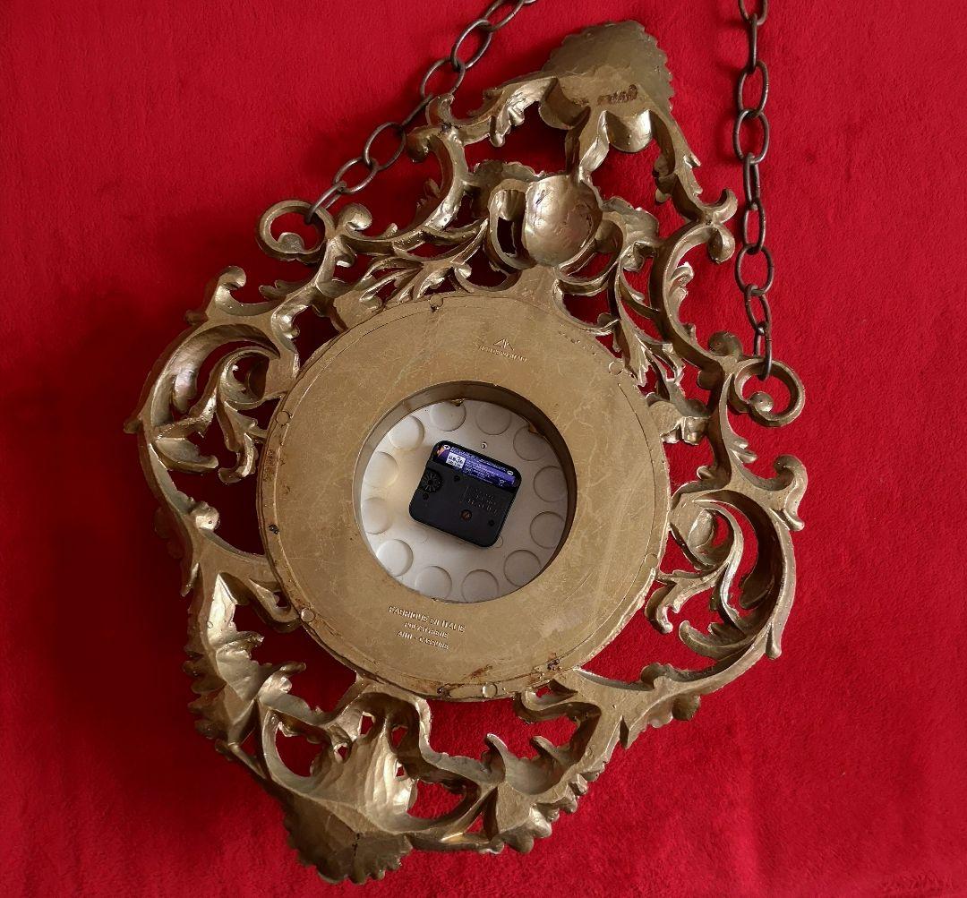 イタリア ビンテージ 掛け時計 木彫り アールデコ ゴールドカラー 稼働品