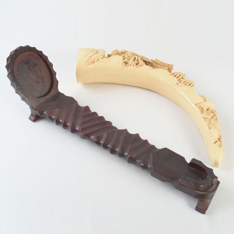 中国　河馬牙製　楼閣山水透かし雕　床飾　置物　唐木台付　V　9341