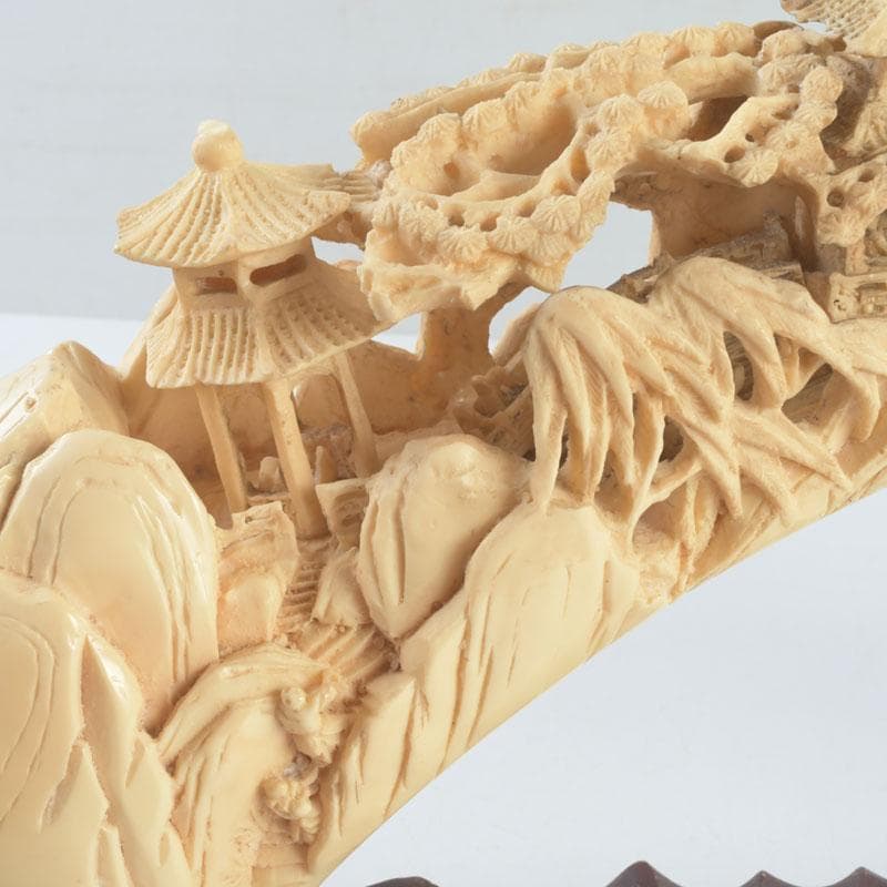 中国　河馬牙製　楼閣山水透かし雕　床飾　置物　唐木台付　V　9341
