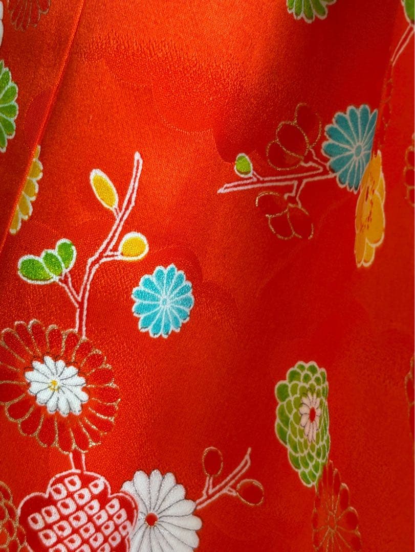 セット　七五三　３歳女の子　比翼仕立きもの　しぼり被布　オレンジ花柄　7051