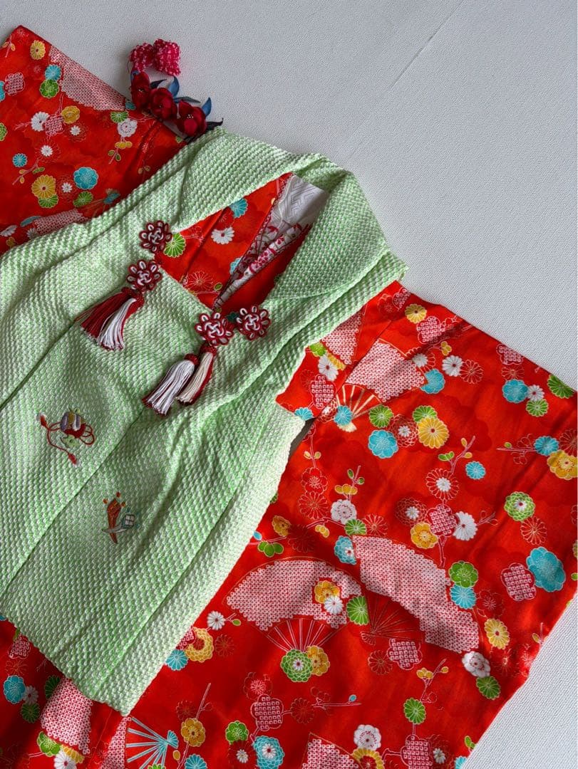 セット　七五三　３歳女の子　比翼仕立きもの　しぼり被布　オレンジ花柄　7051