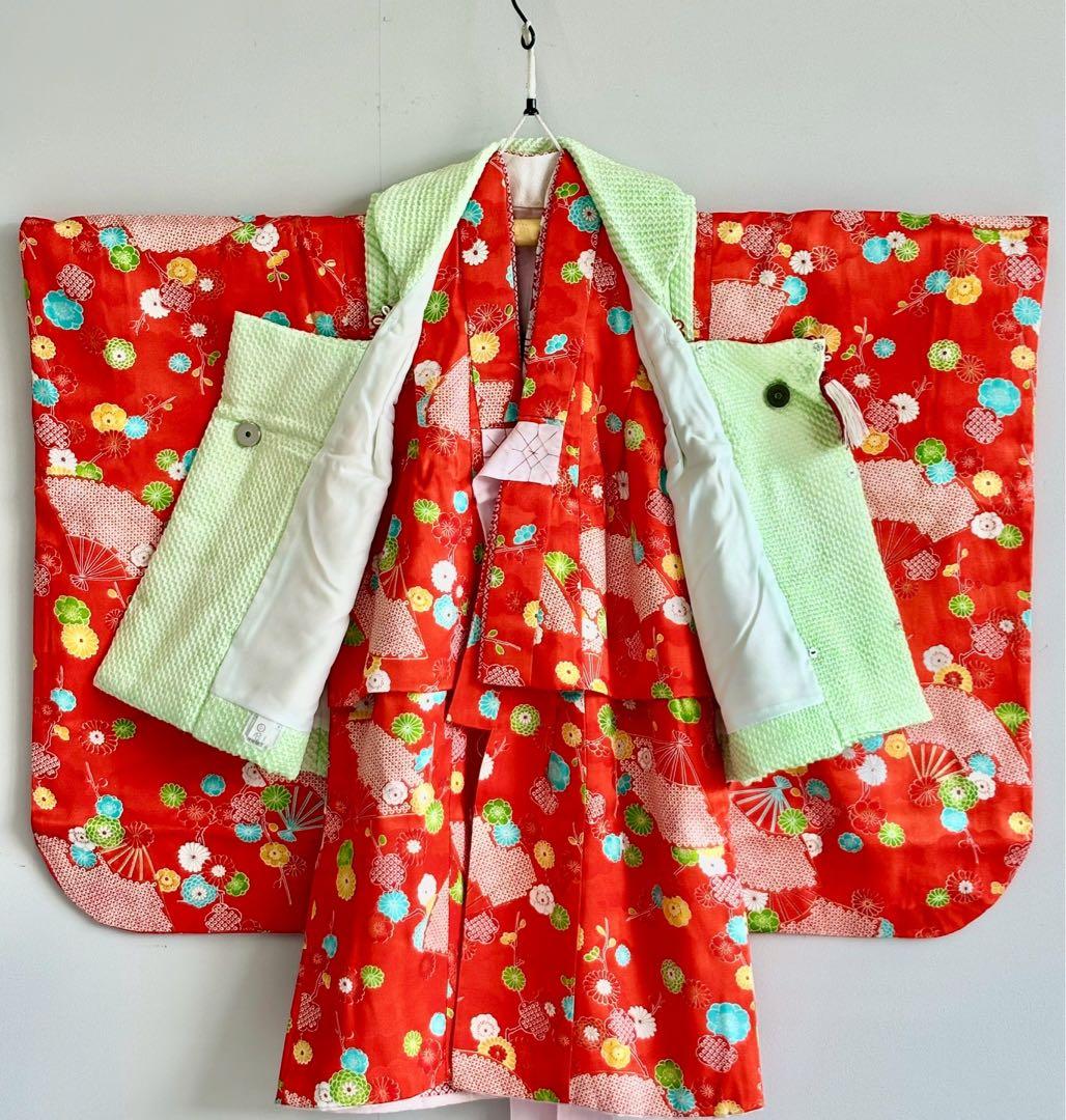 セット　七五三　３歳女の子　比翼仕立きもの　しぼり被布　オレンジ花柄　7051