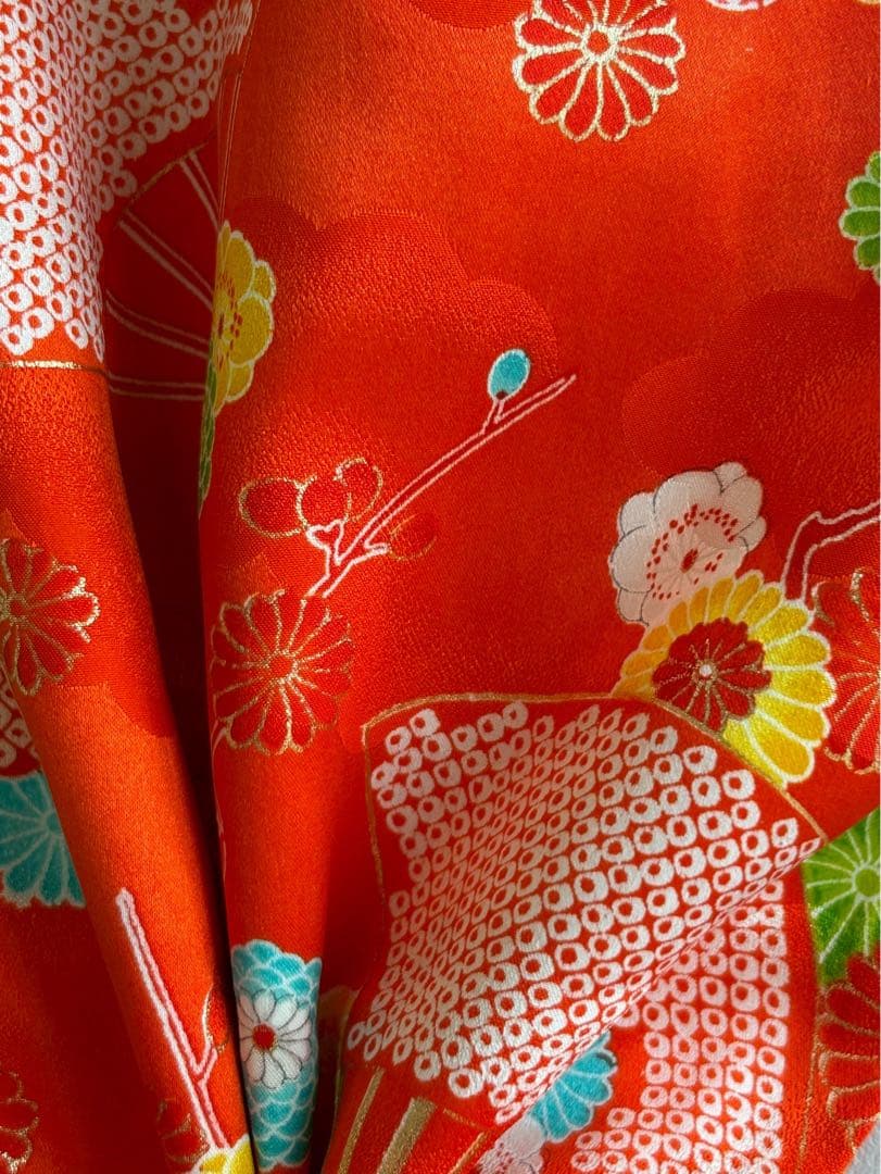 セット　七五三　３歳女の子　比翼仕立きもの　しぼり被布　オレンジ花柄　7051