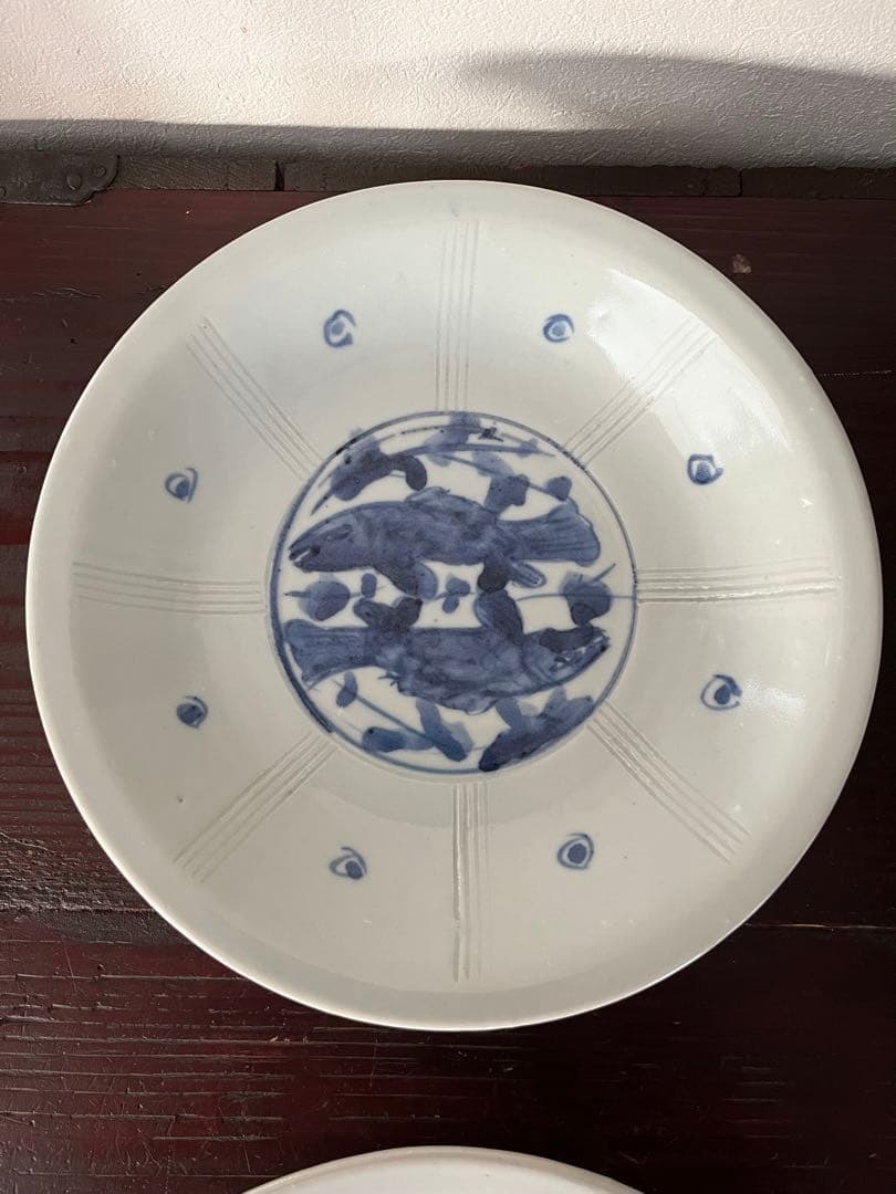 中尾万作　双魚　鎬　白地　染付　八寸皿　大皿　2枚　作家物