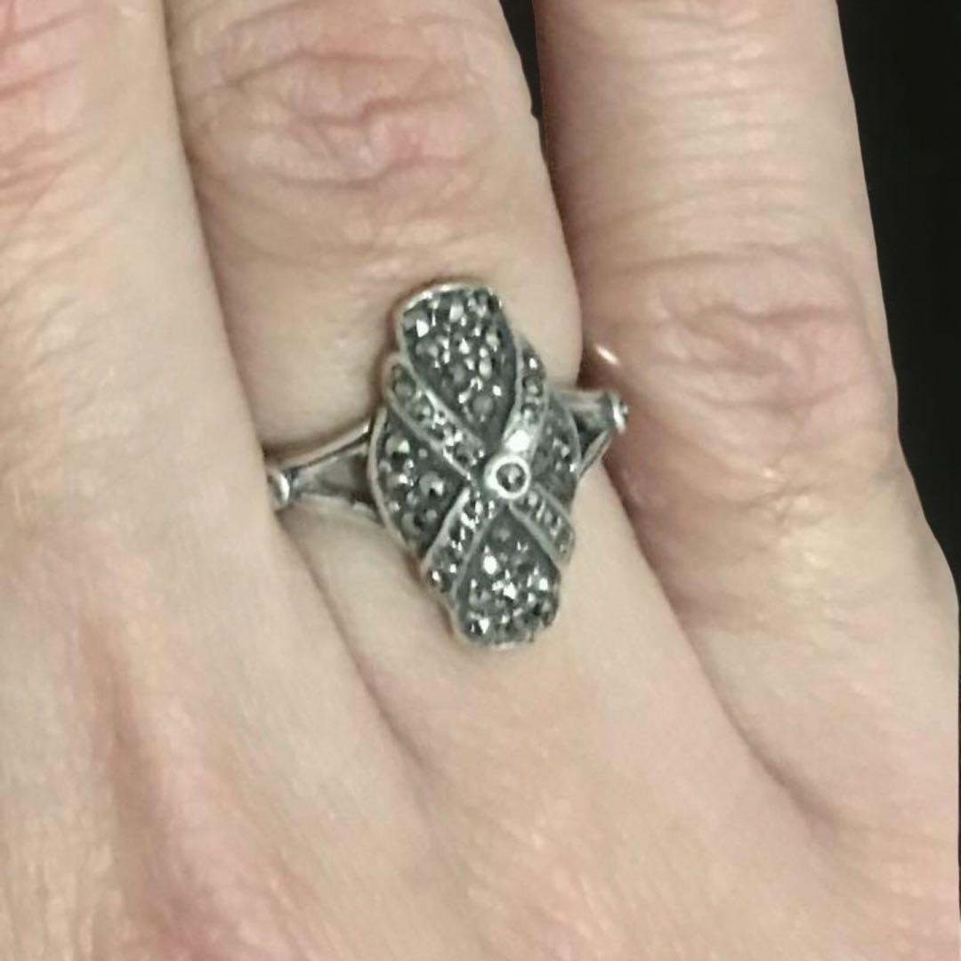 シルバー指輪、シルバークリスタルのヴィンテージクロスデザインリング、