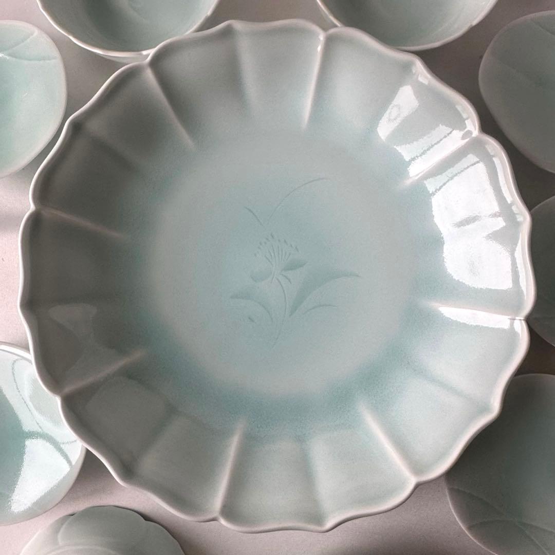 有田焼 藤巻窯 潯陽窯 青白磁 大皿 小鉢 三つ足 銘々皿 高台付き小皿