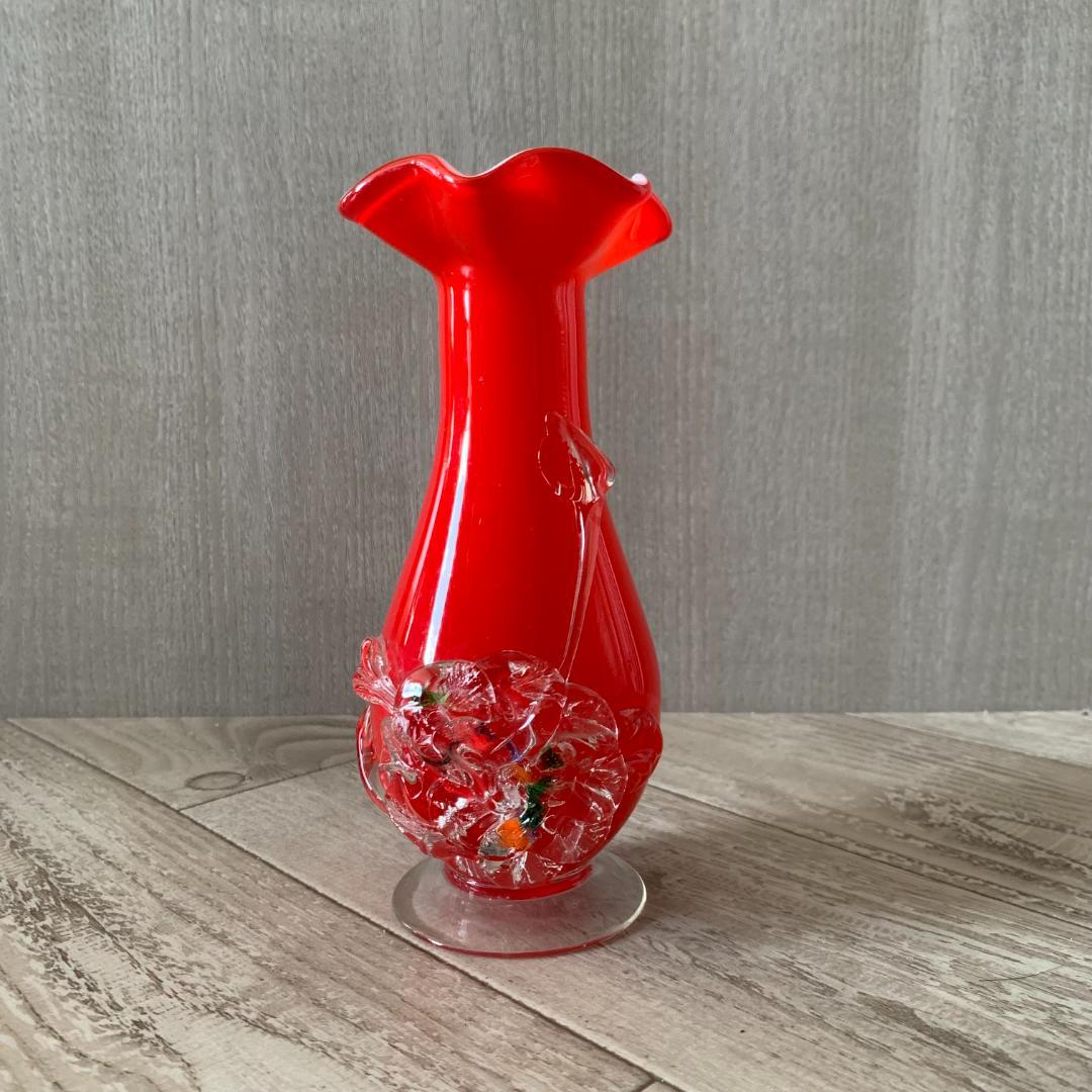 アンティーク ガラス製フラワーベース レッド 花瓶 吹きガラス 昭和