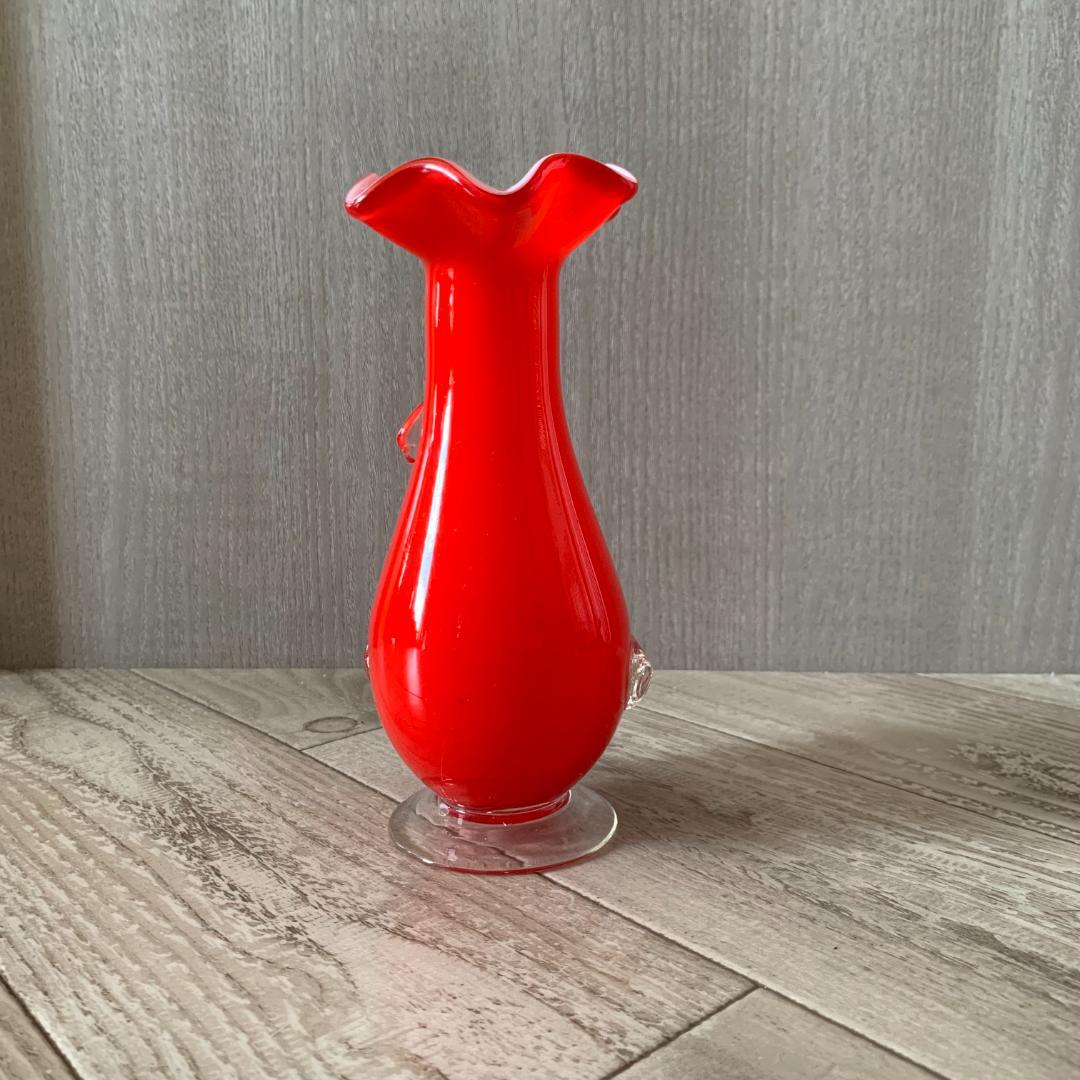 アンティーク ガラス製フラワーベース レッド 花瓶 吹きガラス 昭和