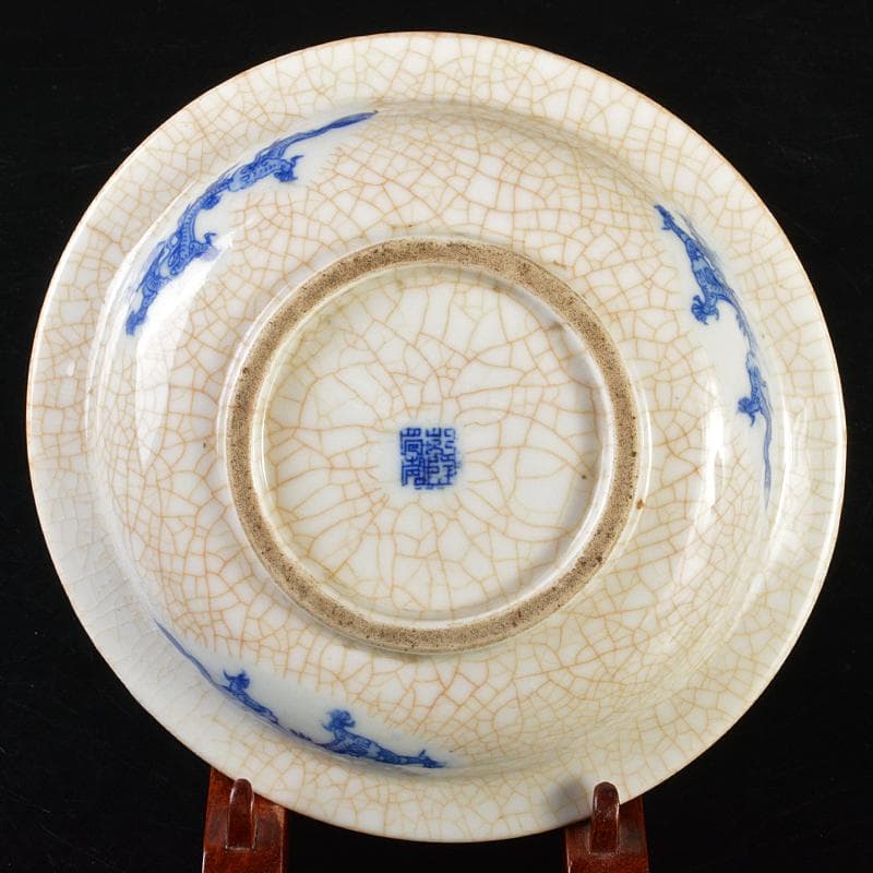中国 乾隆年製款 哥窯 青花 漢詩鳥草龍氷裂文盤 皿 時代箱付 M R6365