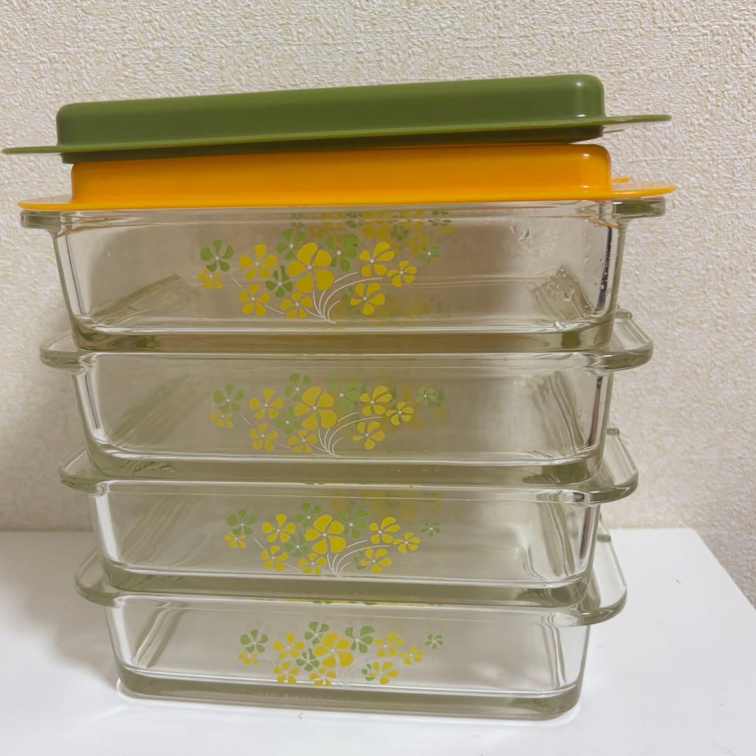 PYREXオールドパイレックス　昭和レトロガラス保存容器 蓋付き２段２セット